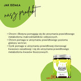 Chrom i Biotyna pomagają się do utrzymania prawidłowego metabolizmu makroskładników odżywczych.  Chrom pomaga w utrzymaniu prawidłowego poziomu glukozy we krwi.  Cynk pomaga w utrzymaniu prawidłowej równowagi kwasowo-zasadowej i się do utrzymania prawidłowego metabolizmu kwasów tłuszczowych.