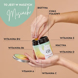 Te składniki i substancje odżywcze znajdują się w One Bear a Day witaminach Bears with Benefits: biotyna,kwas foliowy, Niacyna witamina D, witamina E, witamina A, witamina C, witamina B12, witamina B6.