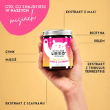 Zdjęcie przedstawia składniki Oh Yeah Libido Bears with Maca. Znajdują się na nim informacje żywieniowe, a także lista składników produktu. Ekstrakt z korzenia Maca, biotyna, selen, tribulus terrestris, ekstrakt z szafranu, miedź i cynk.