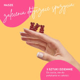 Zdjęcie przedstawia zalecane spożycie Oh Yeah Libido Bears with Maca. 3 sztuki dziennie - do żucia, nie do połykania w całości.